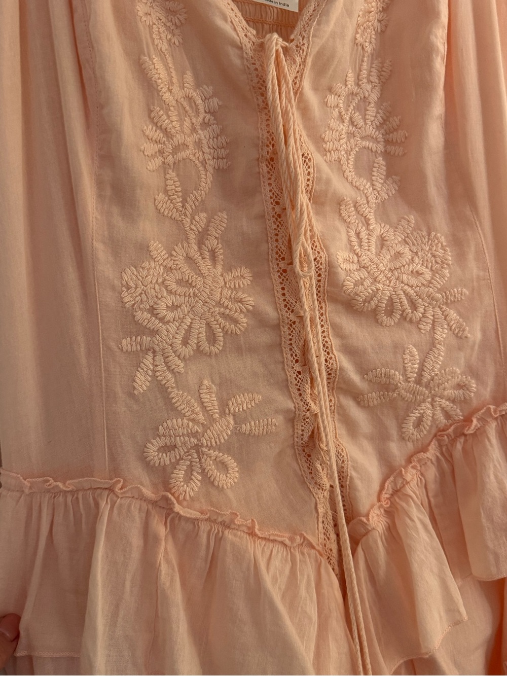 Boho Peach Ruffle Maxi Dress Lace Trim Smocked Back Festival Cottagecore - Picture 6 of 10